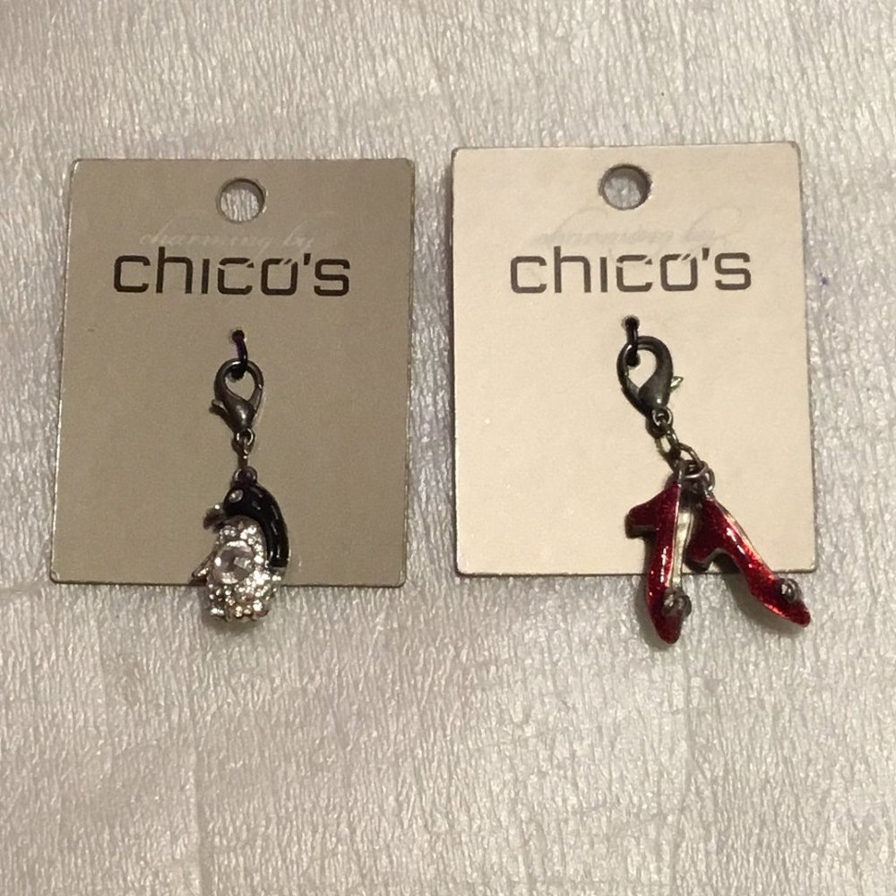 Lot of 2 Chico's charms for charm bracelet - new on cards - penguin & high heels